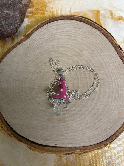 Pink Polka Dot Mushroom Pendant on a Silver chain Necklace