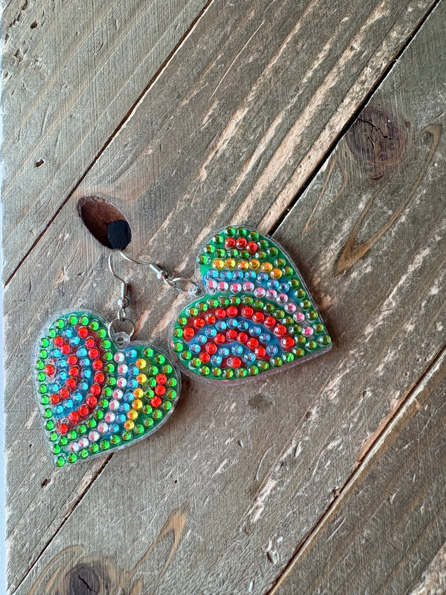 Diamond Art Rainbow Heart Wire Earrings – Colorful Rhinestone Statement Dangles
