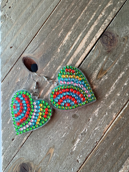 Diamond Art Rainbow Heart Wire Earrings – Colorful Rhinestone Statement Dangles