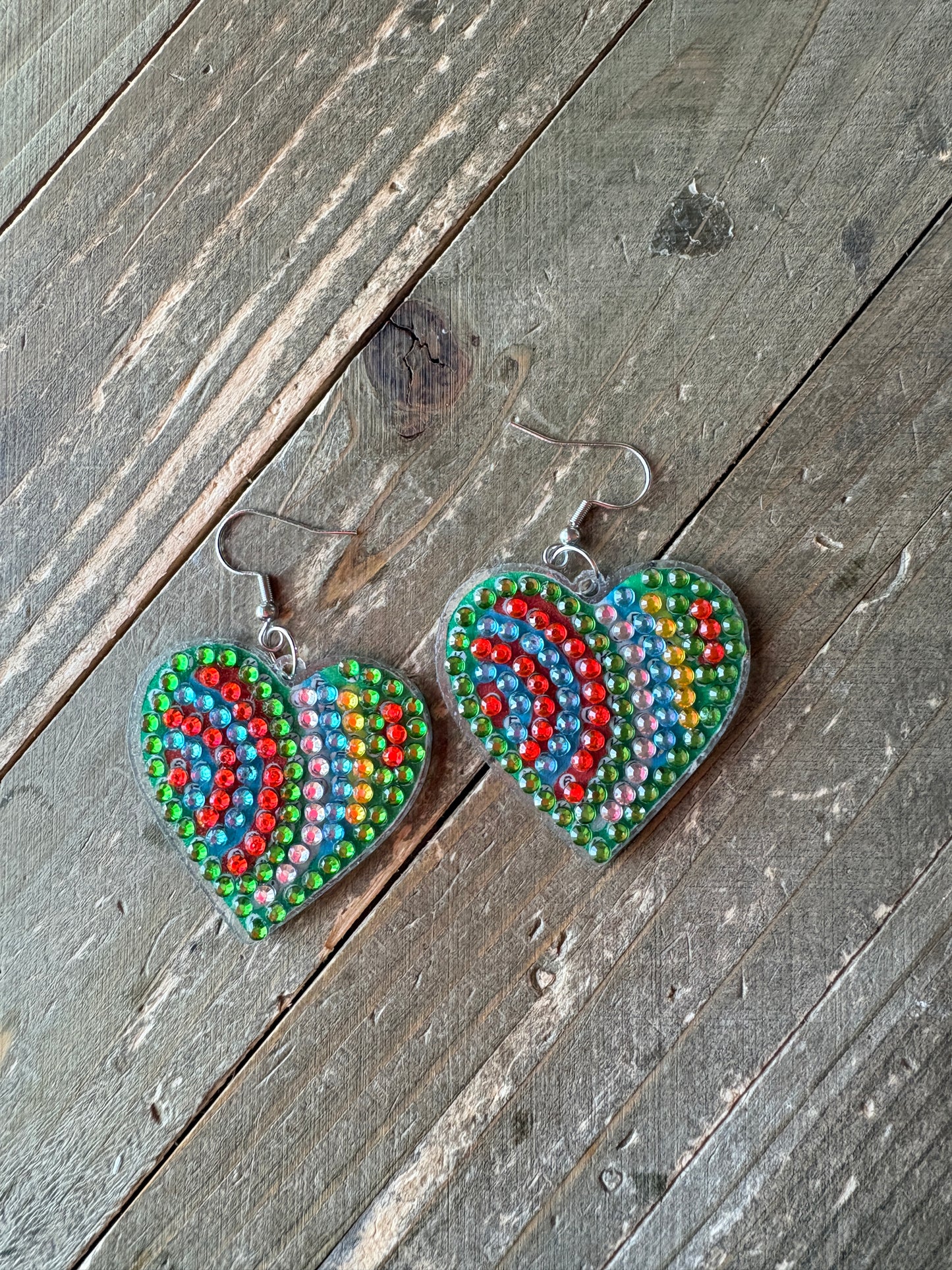Diamond Art Rainbow Heart Wire Earrings – Colorful Rhinestone Statement Dangles