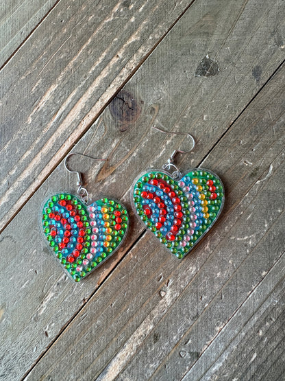 Diamond Art Rainbow Heart Wire Earrings – Colorful Rhinestone Statement Dangles