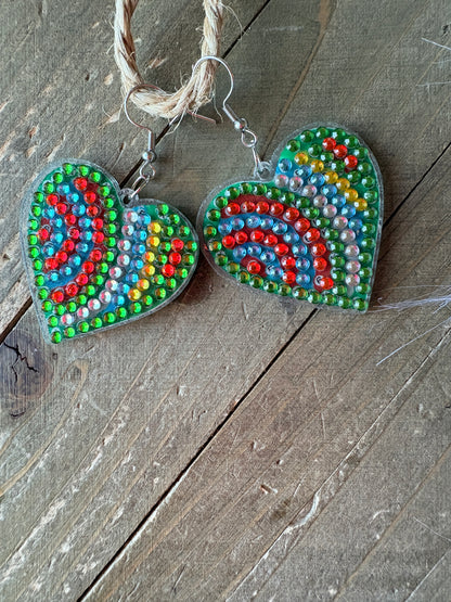 Diamond Art Rainbow Heart Wire Earrings – Colorful Rhinestone Statement Dangles