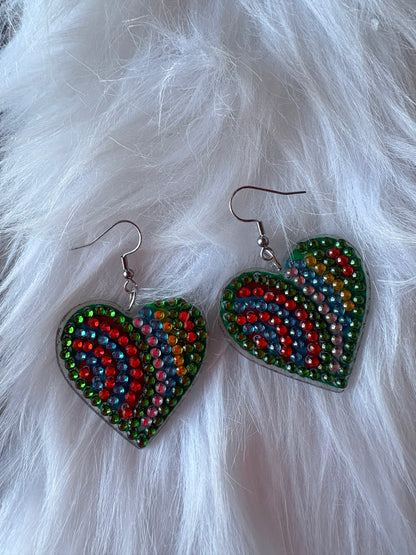 Diamond Art Rainbow Heart Wire Earrings – Colorful Rhinestone Statement Dangles