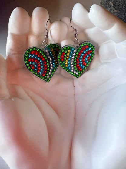 Diamond Art Rainbow Heart Wire Earrings – Colorful Rhinestone Statement Dangles