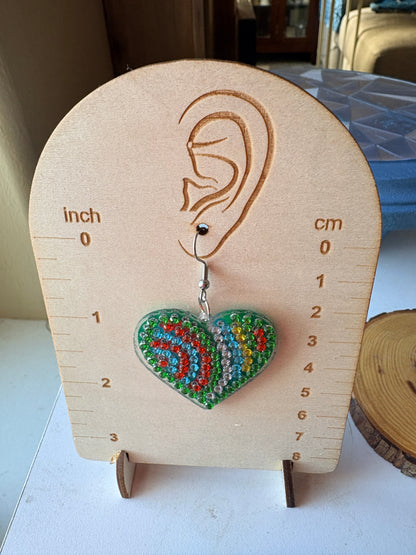 Diamond Art Rainbow Heart Wire Earrings – Colorful Rhinestone Statement Dangles