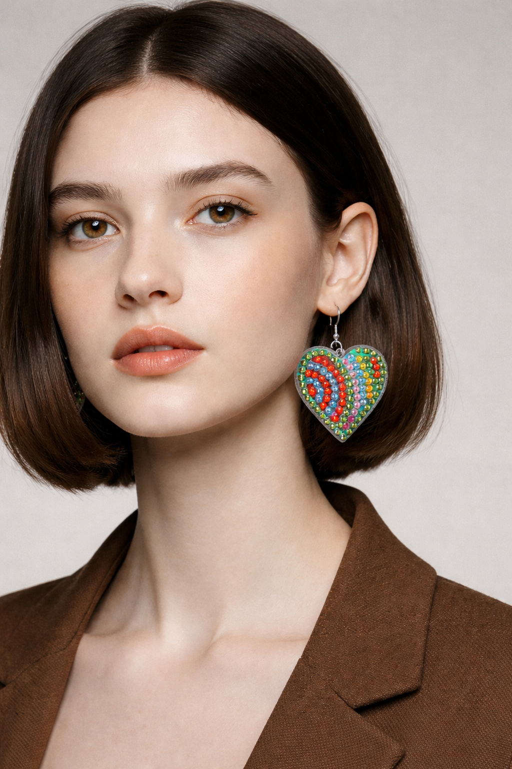 Diamond Art Rainbow Heart Wire Earrings – Colorful Rhinestone Statement Dangles