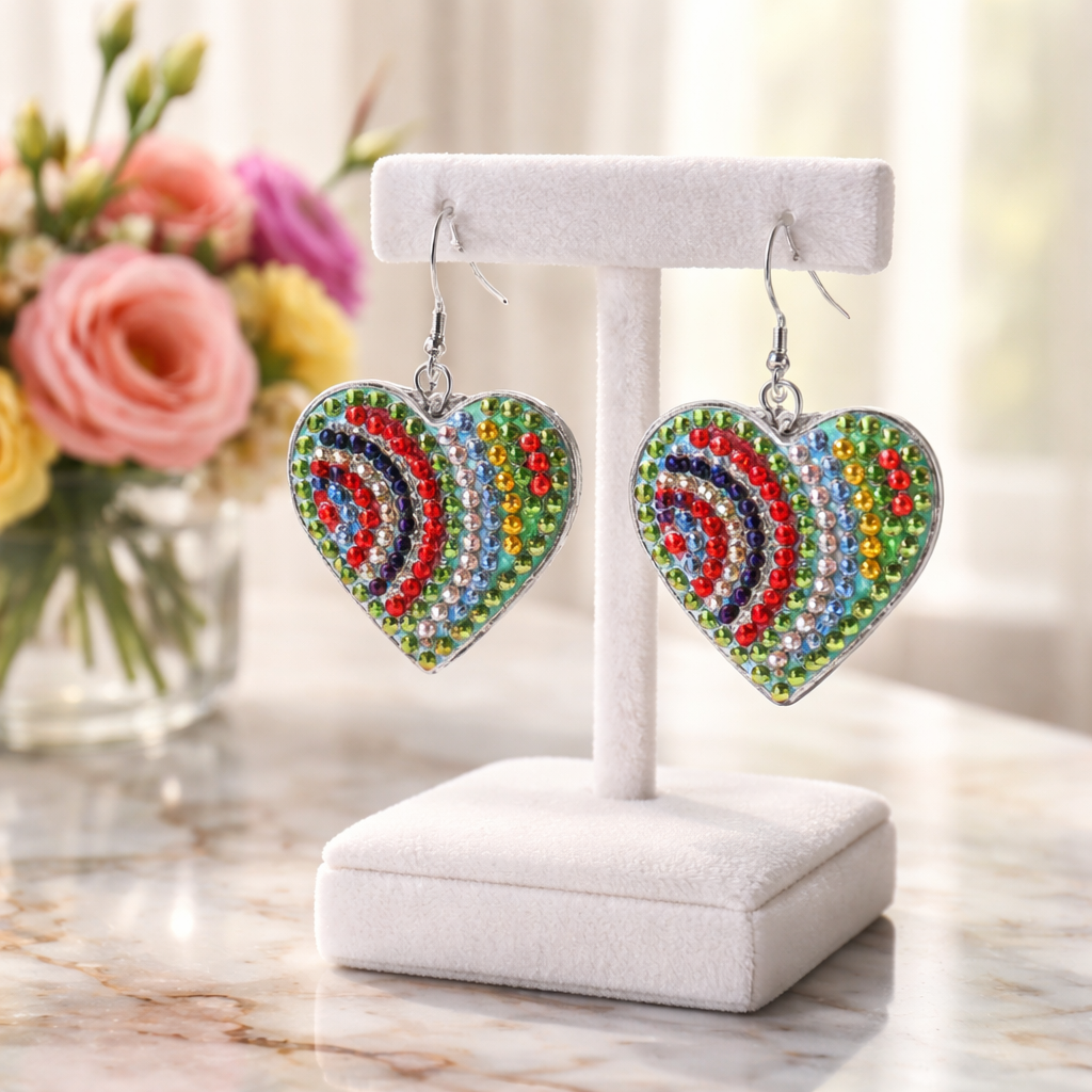 Diamond Art Rainbow Heart Wire Earrings – Colorful Rhinestone Statement Dangles