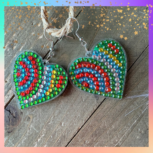Diamond Art Rainbow Heart Wire Earrings – Colorful Rhinestone Statement Dangles