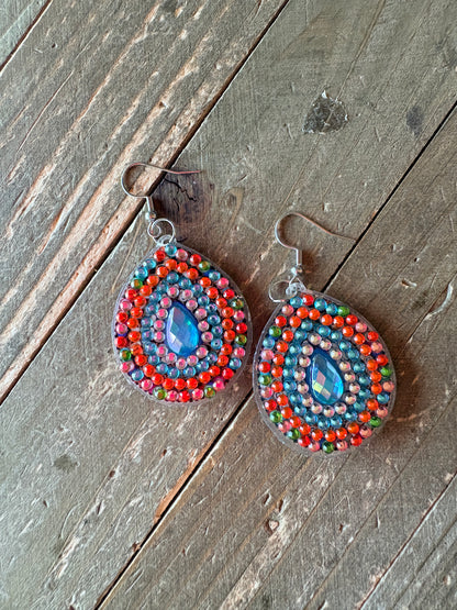 Diamond Painting Teardrop Wire Earrings – Multicolor Gemstone Dangle Earrings