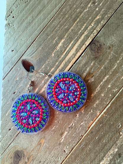 Diamond Painting Round Wire Earrings – Multicolor Gemstone Dangle Earrings