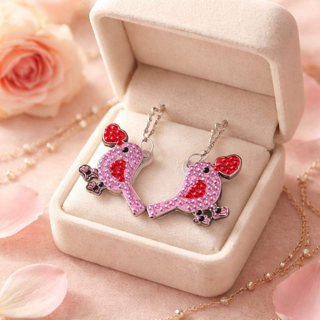 Diamond Art Valentine Love Birds Wire Earrings – Pink & Red Gemstone Dangle Earrings