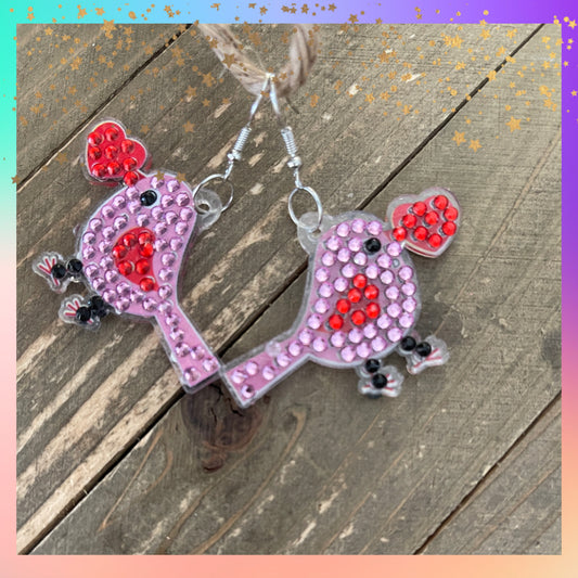 Diamond Art Valentine Love Birds Wire Earrings – Pink & Red Gemstone Dangle Earrings