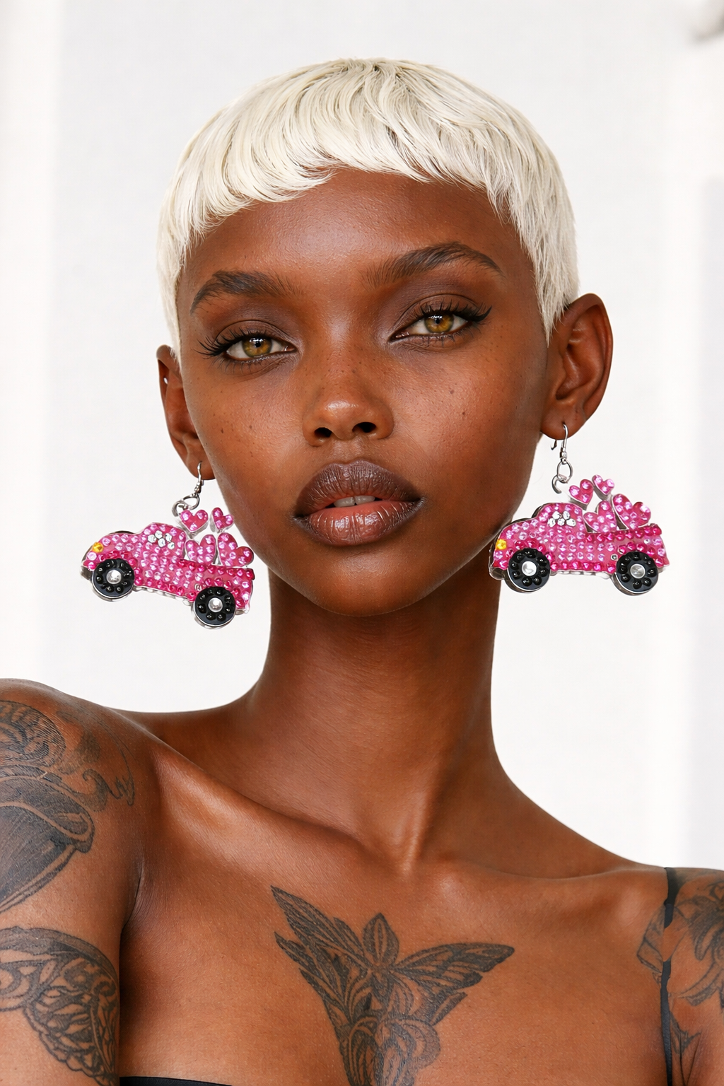 Diamond Art Valentine Truck with Hearts Wire Earrings – Pink Gemstone Dangle Earrings