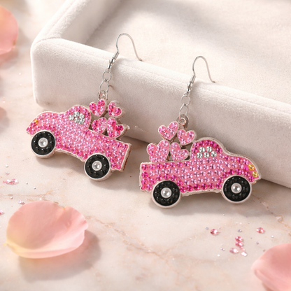 Diamond Art Valentine Truck with Hearts Wire Earrings – Pink Gemstone Dangle Earrings