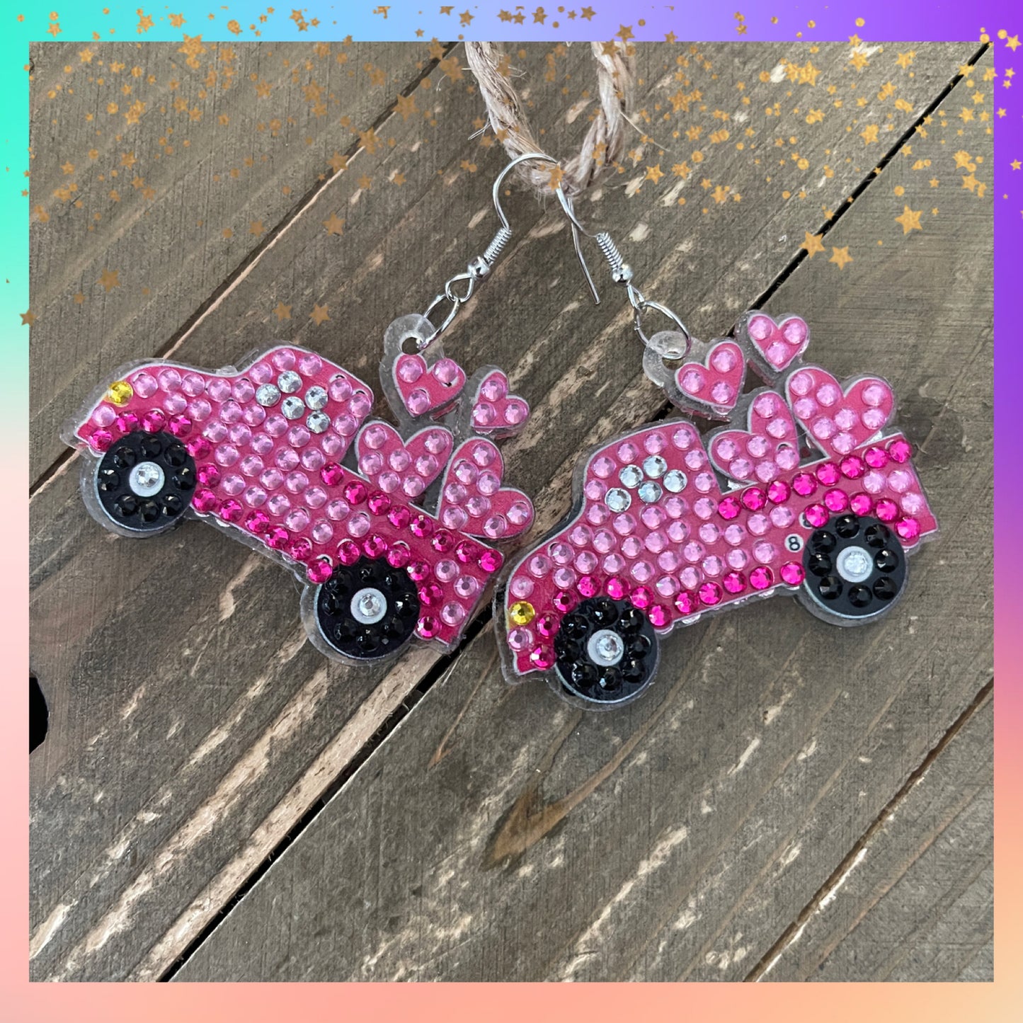 Diamond Art Valentine Truck with Hearts Wire Earrings – Pink Gemstone Dangle Earrings