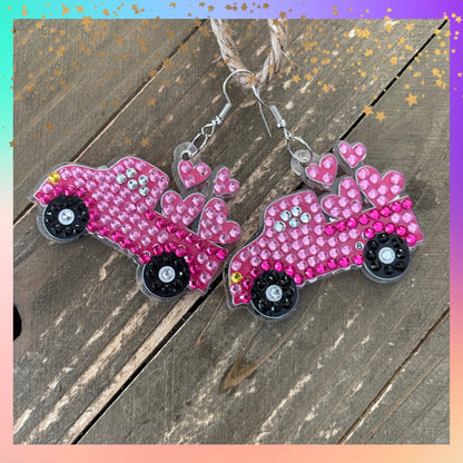 Diamond Art Valentine Truck with Hearts Wire Earrings – Pink Gemstone Dangle Earrings