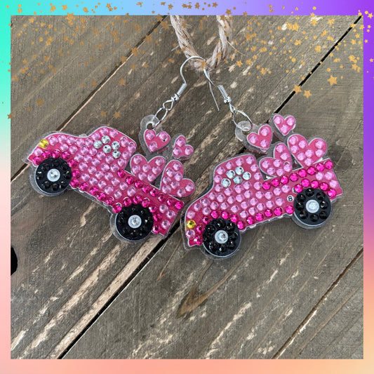 Diamond Art Valentine Truck with Hearts Wire Earrings – Pink Gemstone Dangle Earrings