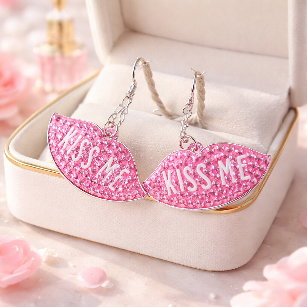 Diamond Art Valentine “Kiss Me” Lips Wire Earrings – Pink Gemstone Dangle Earrings
