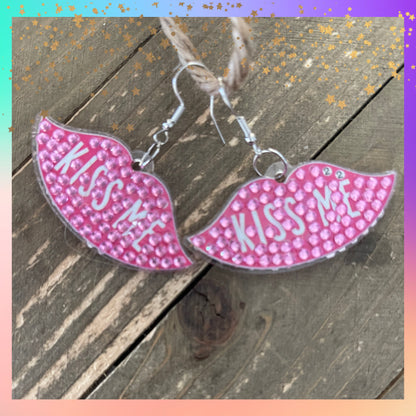 Diamond Art Valentine “Kiss Me” Lips Wire Earrings – Pink Gemstone Dangle Earrings