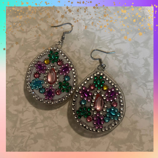 Diamond Art Teardrop Earrings – Multicolor Gemstone Acrylic Dangle Earrings