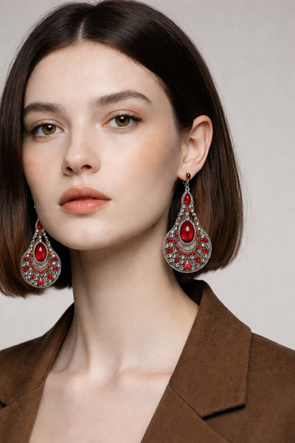 Diamond Art Teardrop Earrings – Red & Clear Gemstone Acrylic Dangle Earrings