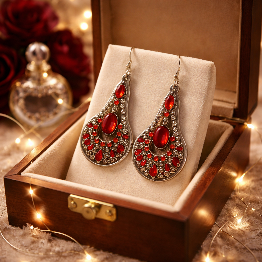 Diamond Art Teardrop Earrings – Red & Clear Gemstone Acrylic Dangle Earrings