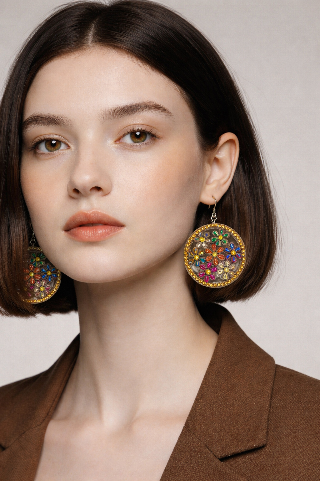 Diamond Art Floral Round Earrings – Multicolor Gemstone Acrylic Dangle Earrings
