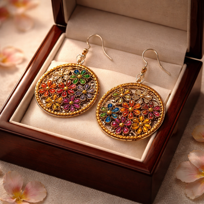 Diamond Art Floral Round Earrings – Multicolor Gemstone Acrylic Dangle Earrings