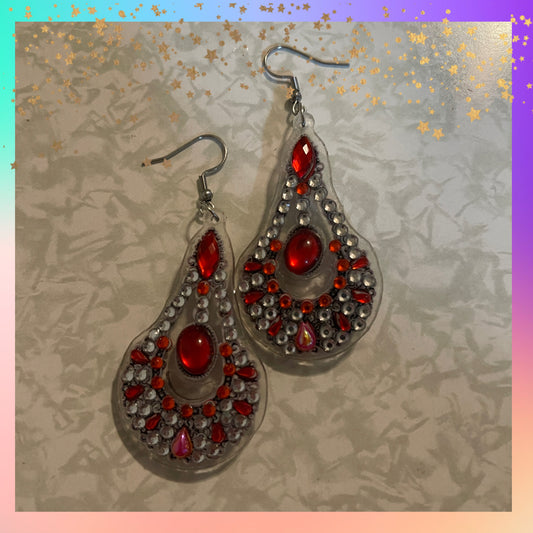 Diamond Art Teardrop Earrings – Red & Clear Gemstone Acrylic Dangle Earrings
