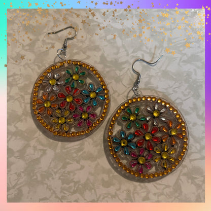 Diamond Art Floral Round Earrings – Multicolor Gemstone Acrylic Dangle Earrings