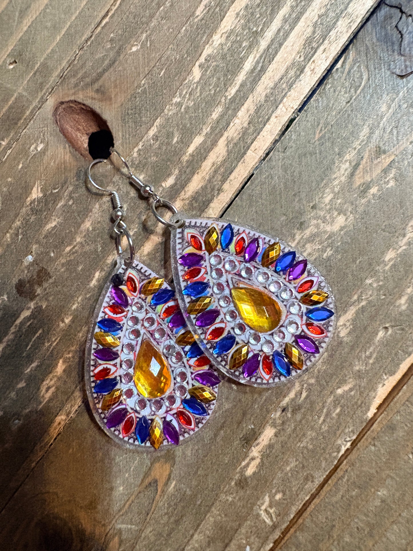 Diamond Art Teardrop Dangle Earrings – Multicolor Gemstone Acrylic Wire Earrings