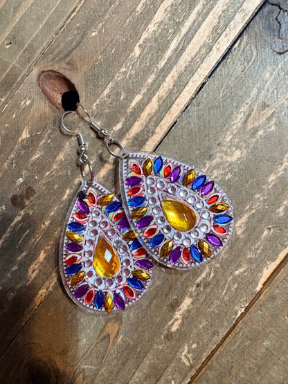 Diamond Art Teardrop Dangle Earrings – Multicolor Gemstone Acrylic Wire Earrings
