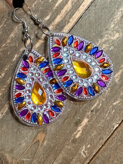 Diamond Art Teardrop Dangle Earrings – Multicolor Gemstone Acrylic Wire Earrings