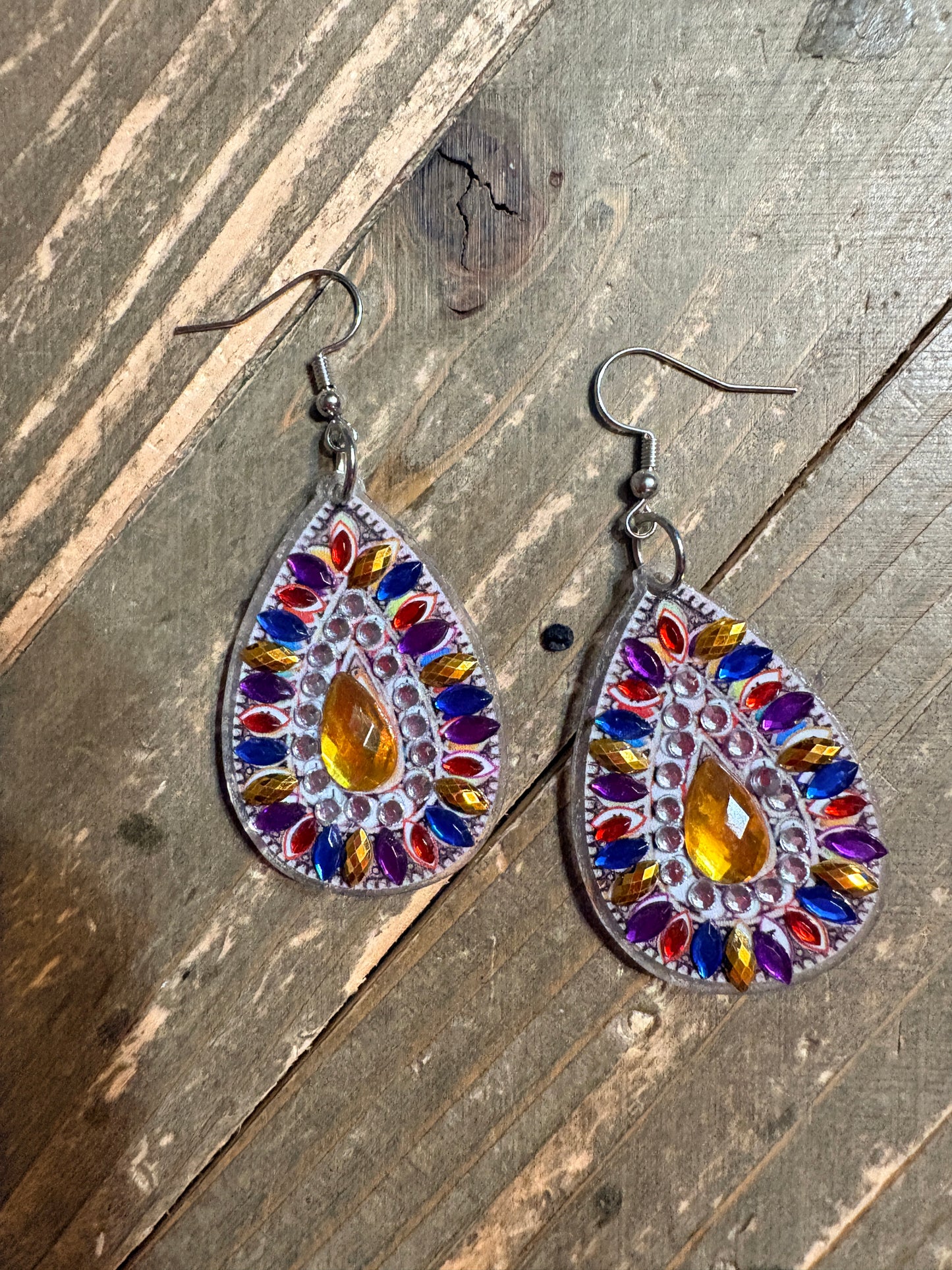 Diamond Art Teardrop Dangle Earrings – Multicolor Gemstone Acrylic Wire Earrings