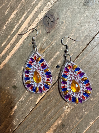 Diamond Art Teardrop Dangle Earrings – Multicolor Gemstone Acrylic Wire Earrings