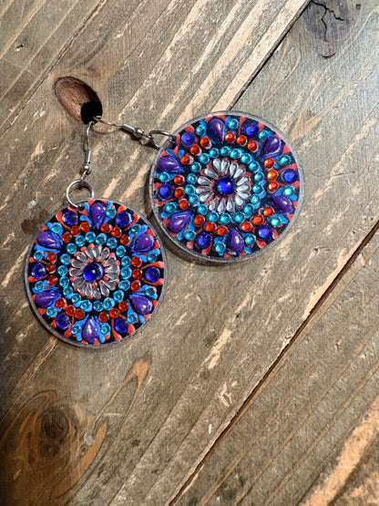 Diamond Art Round Dangle Earrings – Multicolor Mandala Gemstone Acrylic Earrings