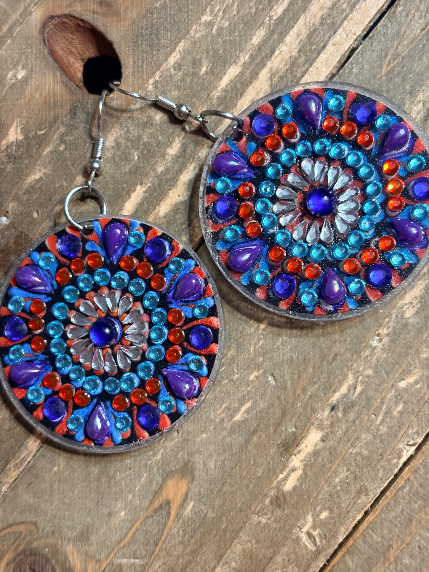 Diamond Art Round Dangle Earrings – Multicolor Mandala Gemstone Acrylic Earrings