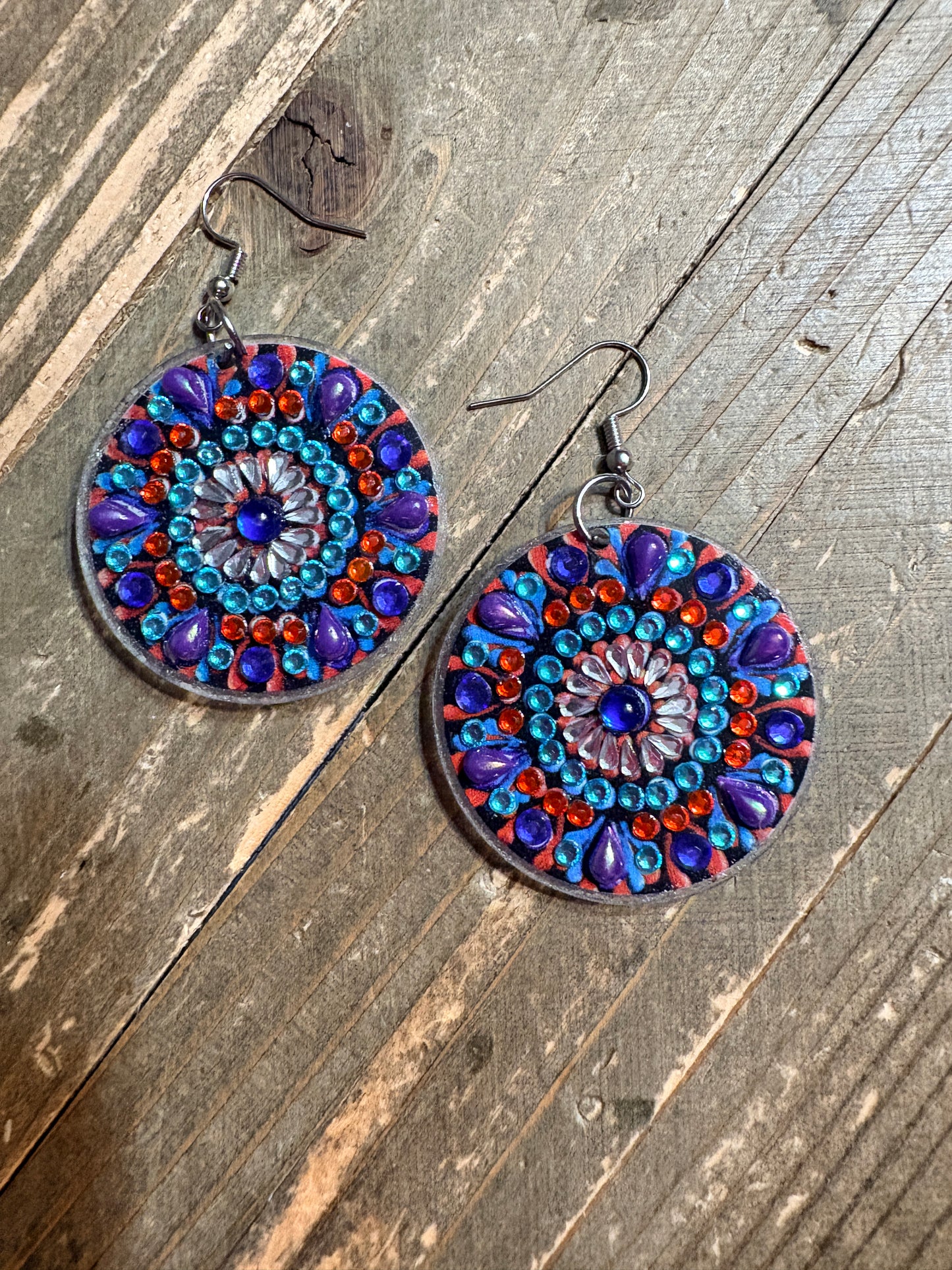 Diamond Art Round Dangle Earrings – Multicolor Mandala Gemstone Acrylic Earrings
