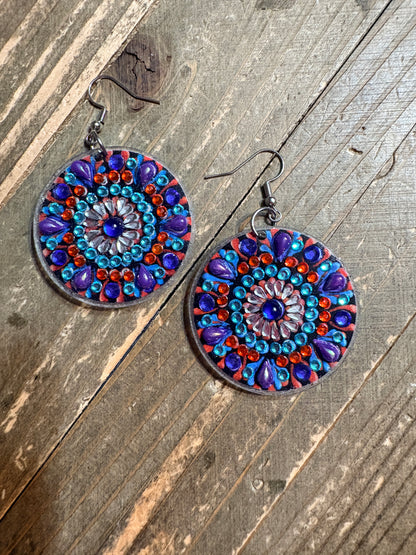 Diamond Art Round Dangle Earrings – Multicolor Mandala Gemstone Acrylic Earrings