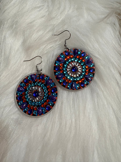 Diamond Art Round Dangle Earrings – Multicolor Mandala Gemstone Acrylic Earrings