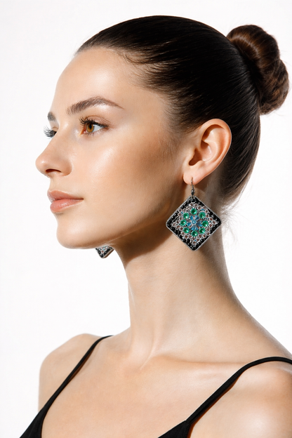 Diamond Art Square Dangle Earrings – Multicolor Gemstone Acrylic Wire Earrings