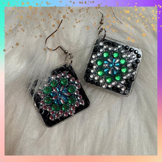 Diamond Art Square Dangle Earrings – Multicolor Gemstone Acrylic Wire Earrings
