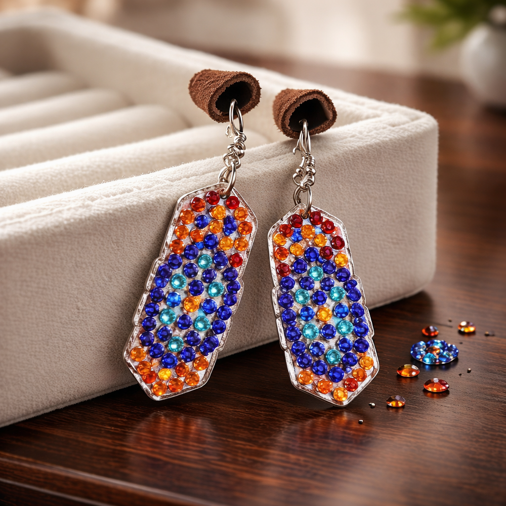 Diamond Art Rectangular Dangle Earrings-2– Multicolor Gemstone Acrylic Wire Earrings (Nickel Free)