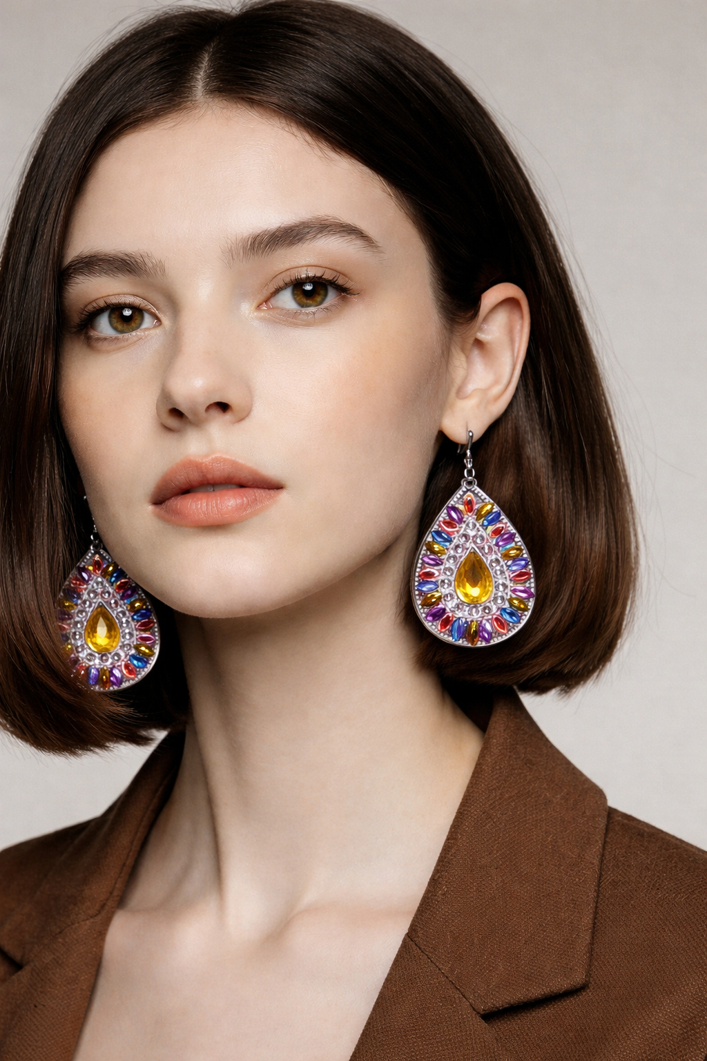 Diamond Art Teardrop Dangle Earrings – Multicolor Gemstone Acrylic Wire Earrings