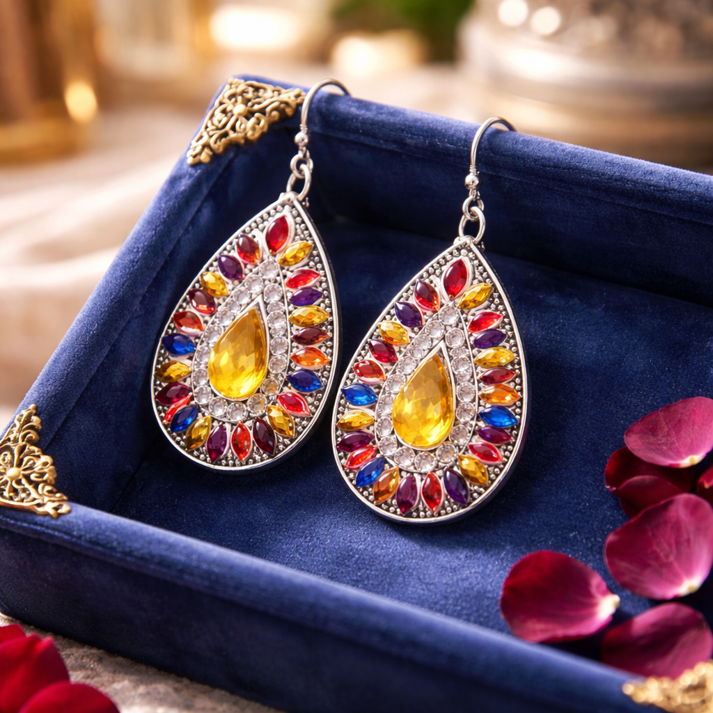 Diamond Art Teardrop Dangle Earrings – Multicolor Gemstone Acrylic Wire Earrings