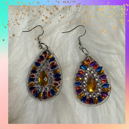 Diamond Art Teardrop Dangle Earrings – Multicolor Gemstone Acrylic Wire Earrings