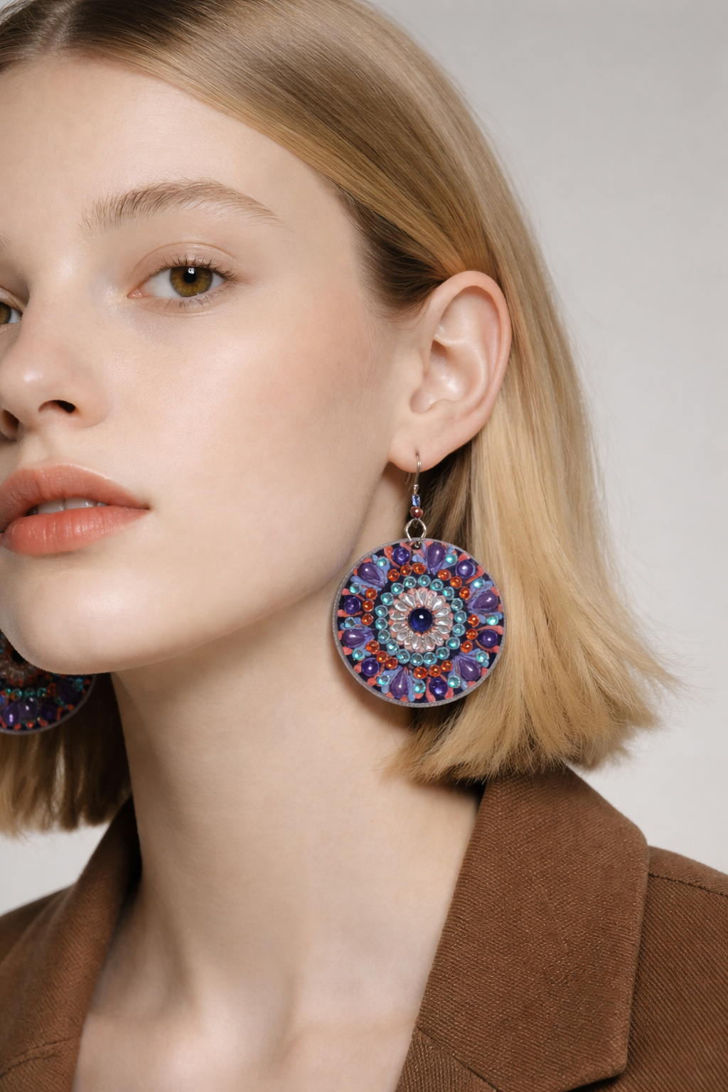 Diamond Art Round Dangle Earrings – Multicolor Mandala Gemstone Acrylic Earrings