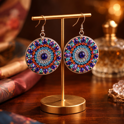 Diamond Art Round Dangle Earrings – Multicolor Mandala Gemstone Acrylic Earrings