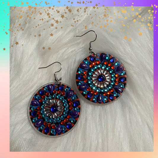 Diamond Art Round Dangle Earrings – Multicolor Mandala Gemstone Acrylic Earrings