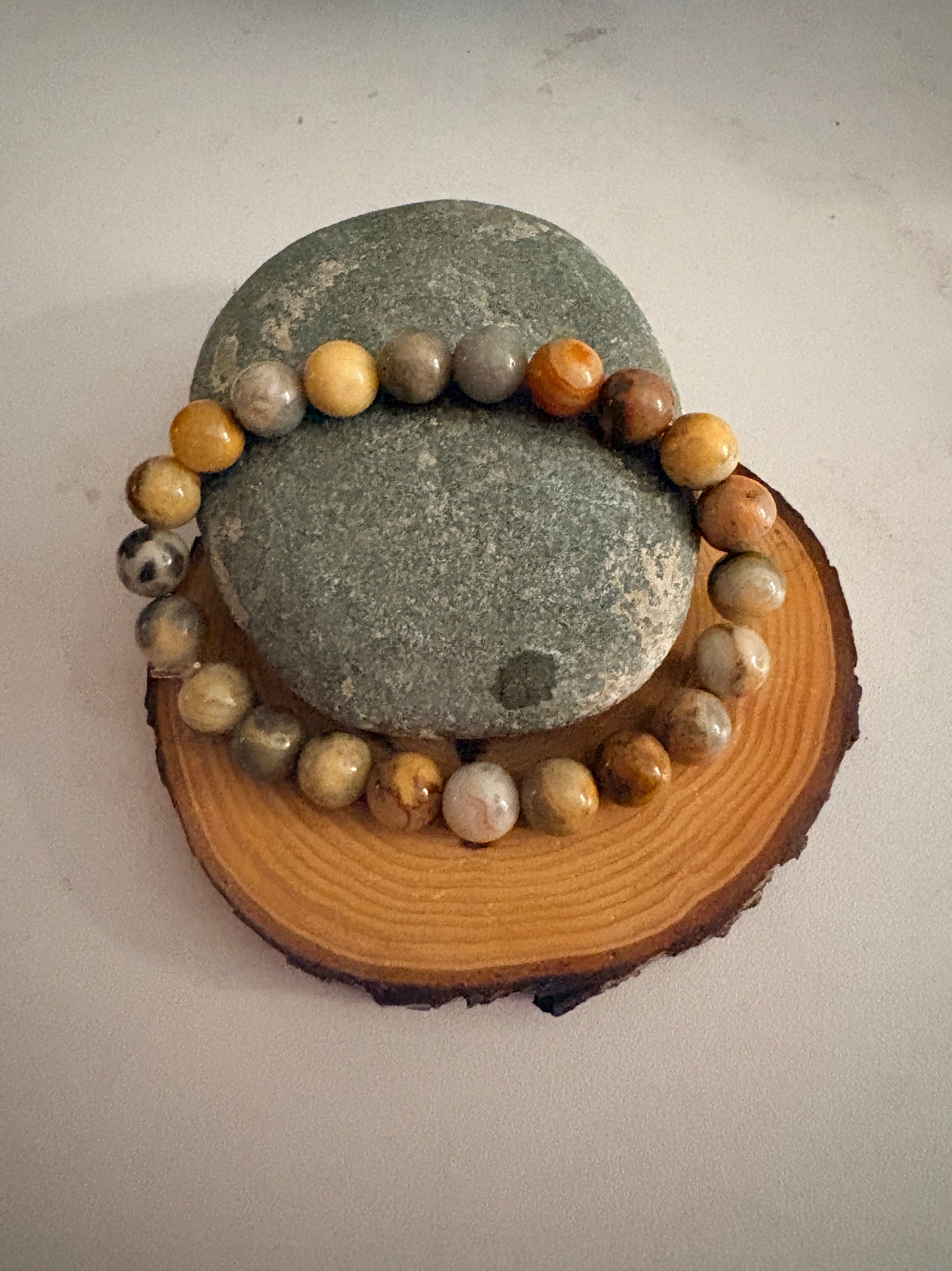 Earth Tone Agate Beaded Bracelet- Round Natural Stone Stretch Bracelet